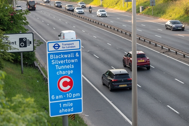 A Sign on the A102 road warning drivers that there is a charge ahead for the Blackwall and Silvertown Tunnels